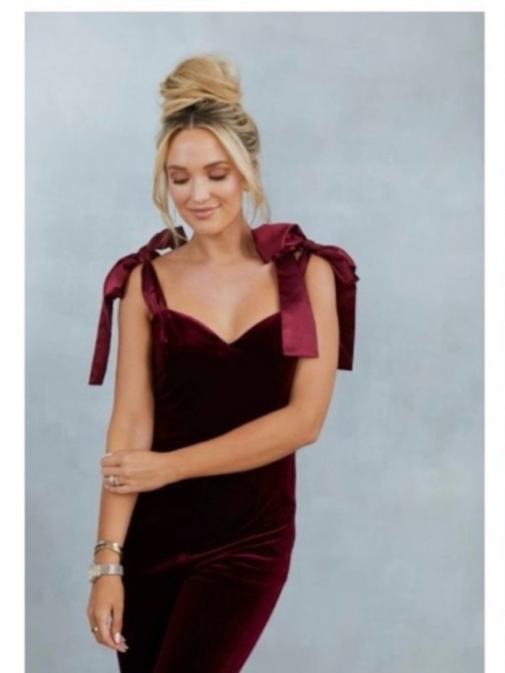 NWT Vici x Emily Travis Velvet Tie-Shoulder Jumpsuit in Burgundy